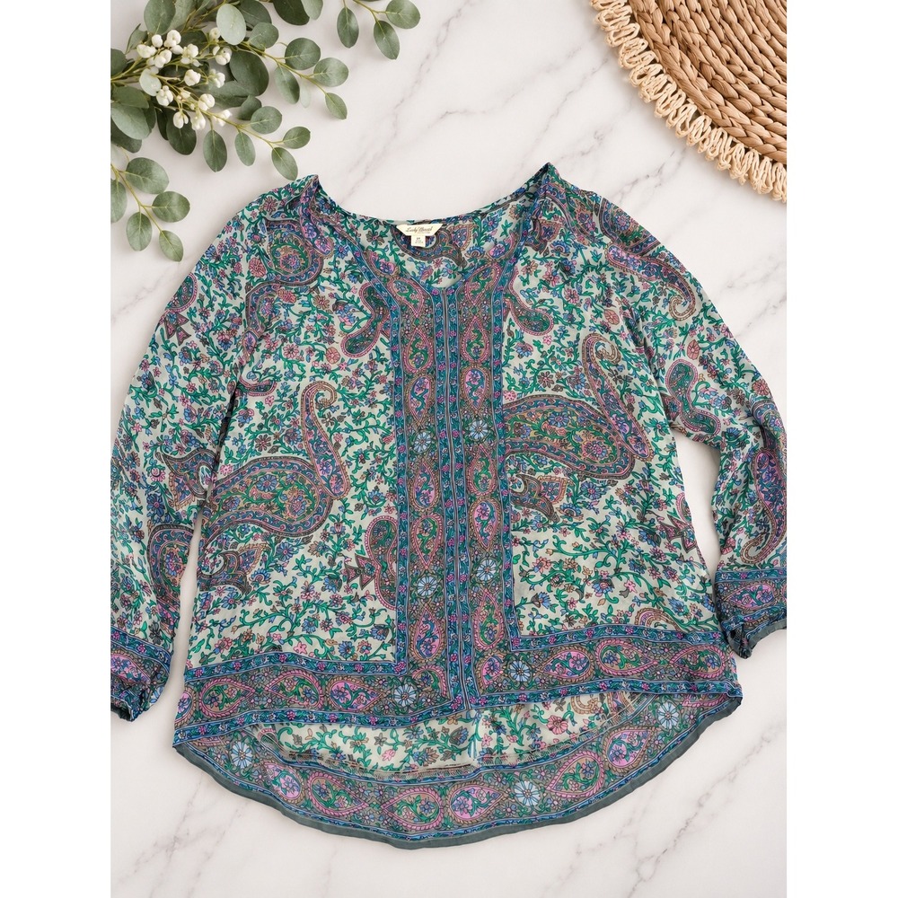 Lucky Brand Blouse Women Medium Green Paisley Floral Sheer Boho V-Neck